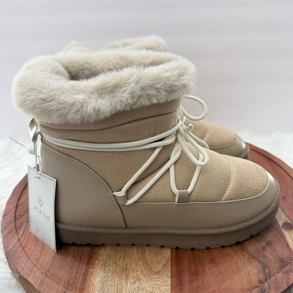 Aspen Wmns Size 8 Beige Faux Fur Trim Winter Snow Boots Lace‎ Up Quilted Tan New